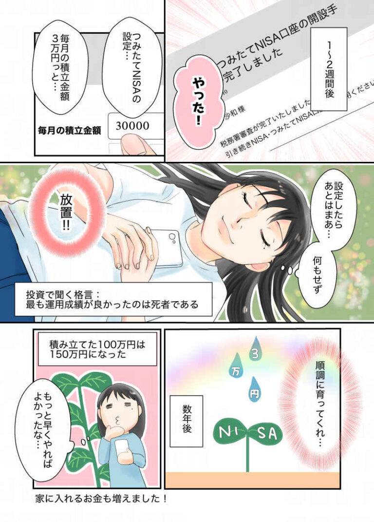 意外と簡単に証券口座開設できちゃったな。ネット銀行から証券口座を連携させて…。投資でよく聞く格言＝最も運用成績が良かったのは死者である。あとは基本放置しとこう。数年後、証券口座に積み立てた100万円は150万円になった。（もっと早くやれば良かったな…）｜令和離婚してシングルマザーになった話８｜久永沙和の漫画サイト｜エッセイコミック
