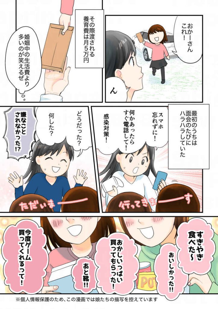 子供との面会時に元夫から渡される養育費は月5万円。婚姻中の生活費より多いのが笑えるぜ…。最初の頃は面会のたびにハラハラしていた。「スマホを忘れないように、すぐ電話して、感染対策して！」と送り出し、帰宅後は「どうだった？？」（嫌なことされなかった？）と聞き出した。子供からは「すき焼き食べた！」「お菓子いっぱい買ってもらった！」「靴も！今度ゲーム買ってくれるって！」｜令和離婚してシングルマザーになった話9｜久永沙和の漫画サイト｜エッセイコミック
